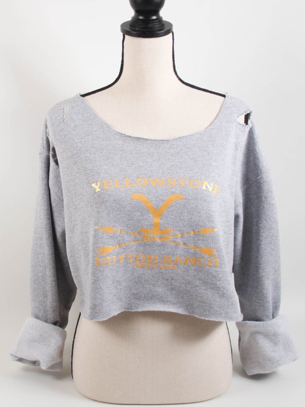 Yellowstone Dutton Ranch Cropped Distressed Sweatshirt Gray